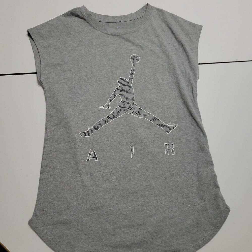Nike Jordan Girls Pullover Shirt Grey Scoop Neck 100% Cotton Sleeveless Jump Man